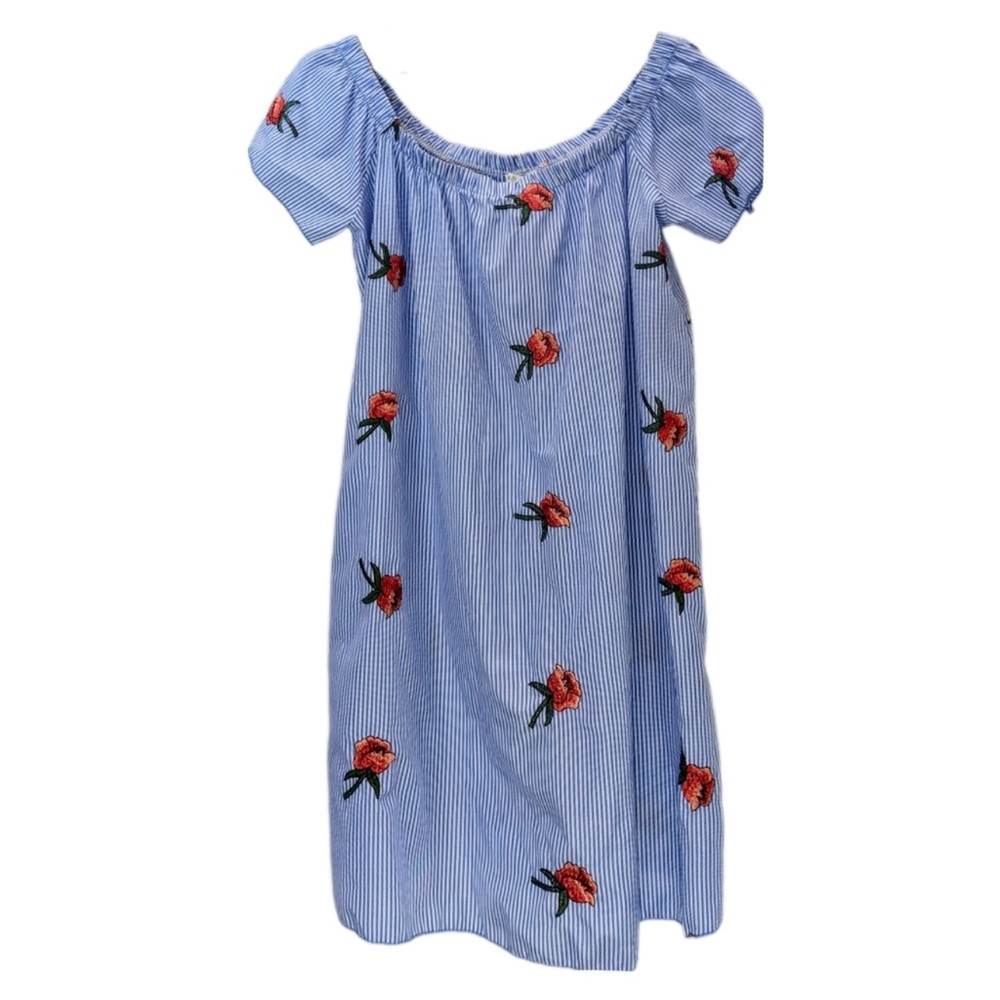 Miley + Molly Blue Striped Dress with Floral Embroidery